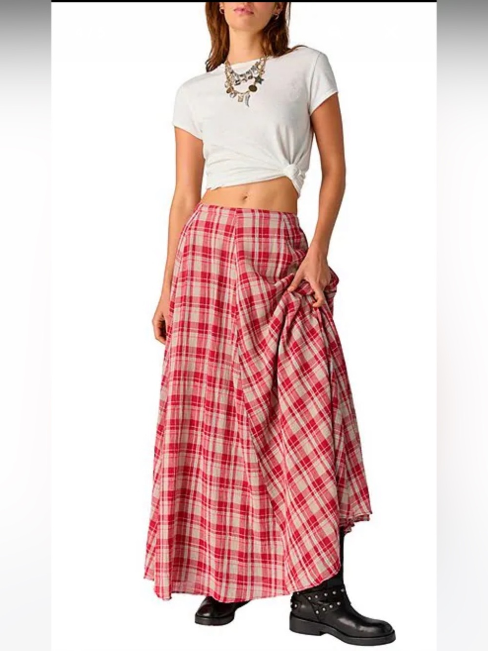 NWT🌷Free People Plaid Printed Mid Rise A-Line Maxi Skirt - Picture 14 of 15